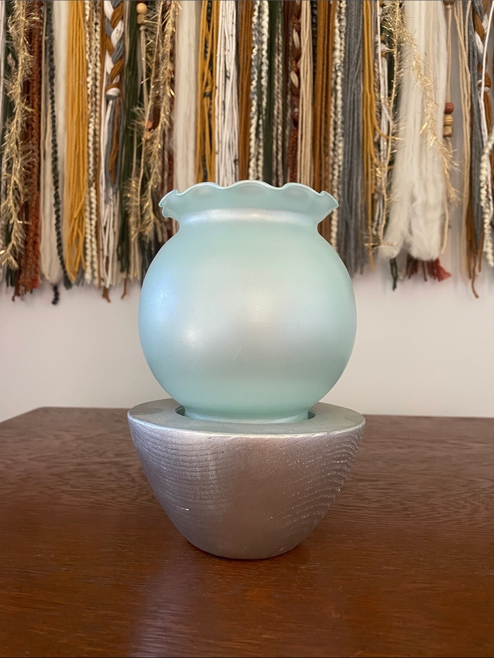 Pearl blue glass on silver wood base votive  holder-vase